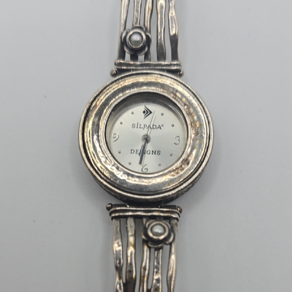 Silpada Sterling Silver Textured Watch with White Face and Pearl Flowers - Picture 1 of 15